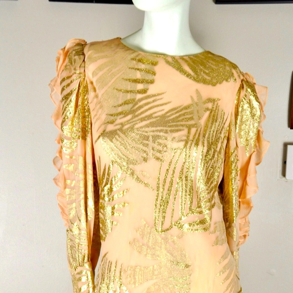 80s Judy Hornby Pink and Gold Silk Flamenco Dress w/ Ruffle Slit